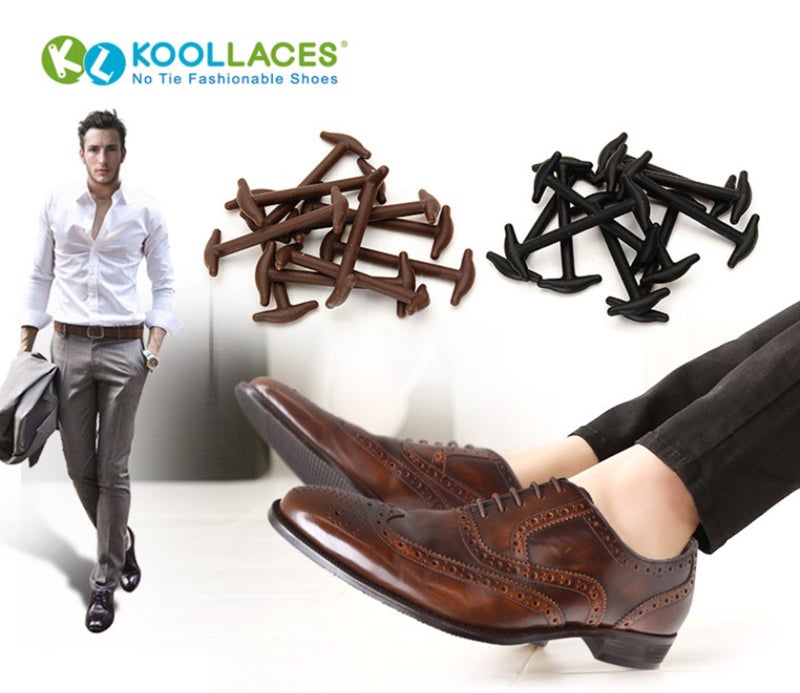 Koollaces Elastic No Tie Dress Shoe Laces for Men â€“ Silicone Anchor-Type Laces, Black & Brown (16pcs Brown) - Image 3